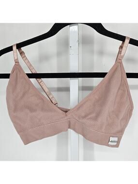 Danskin Intimates Womens Sz L V Neck Unlined Bra Light Blush Pink Ribbed